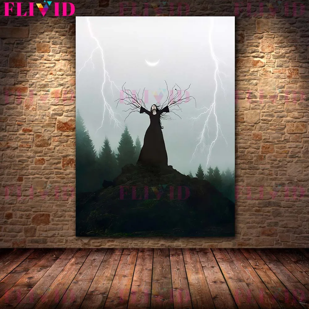 The Moon Magic Of The Witch In The Flower Field Wall Art Canvas Painting Moon Witch Abstract Art Poster And Print Home Decor