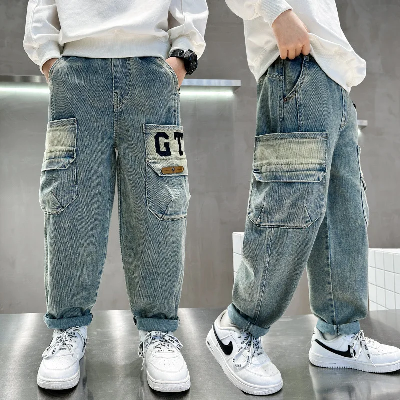 

Kids Retro Straight-leg Wide-leg Denim Pants Boys Cool and Stylish Loose Cargo Pants Teen Children Fashion Street Jeans Trousers