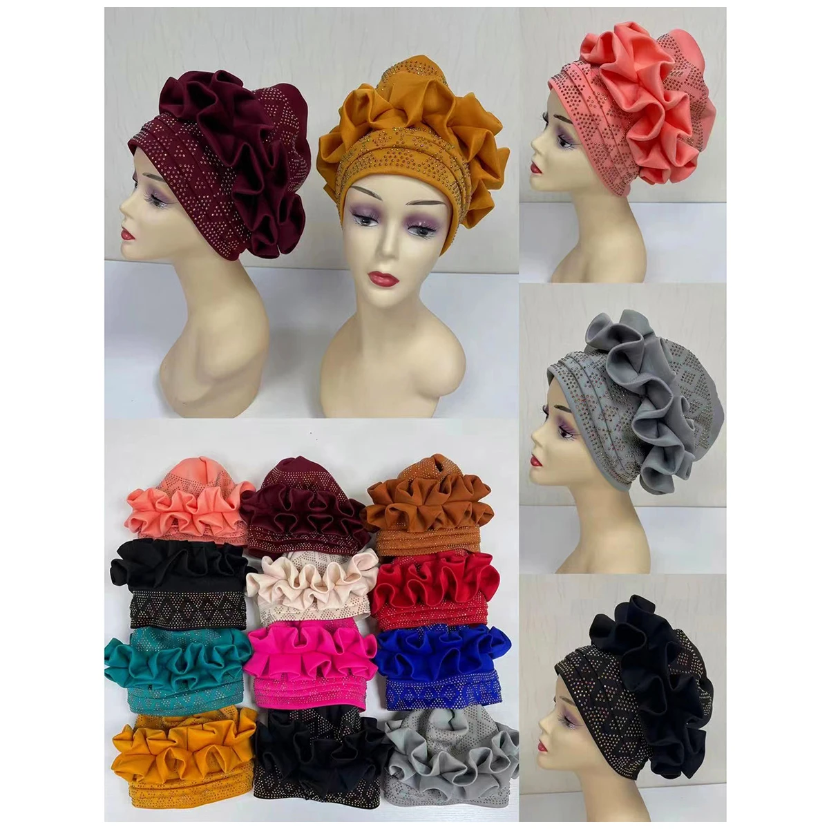 Wholesale Fashion Muslim Female Turban Hat Dubai Worship Hat Rhinestone Solid Indian Beanie Hair Bonnets Cap For Women For Pray