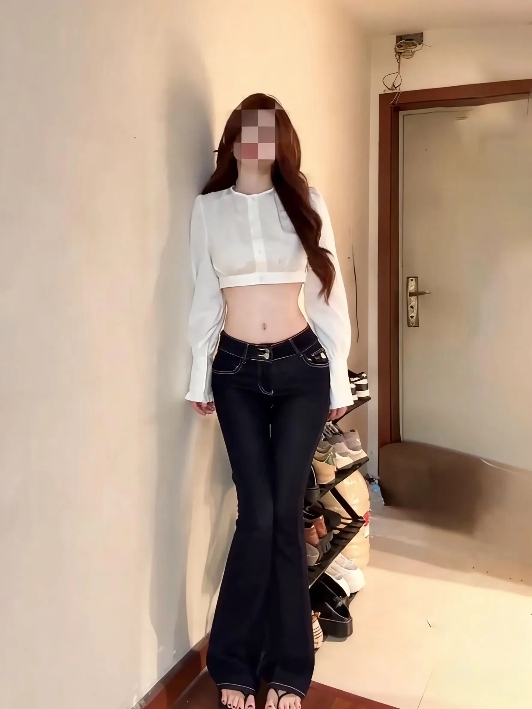 

American Sle Low Waist Deep Blue Denim Pants Women's Elastic Slimming Long Leg Double Bule Hip Enlarging Micro Flared Pants