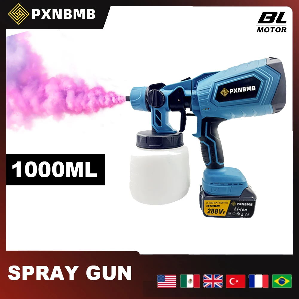 PXNBMB 1000 مللي بندقية رذاذ كهربائية لاسلكية قوية HVLP بخاخ طلاء أثاث السيارات الصلب طلاء البخاخة لماكيتا 18 فولت باتي