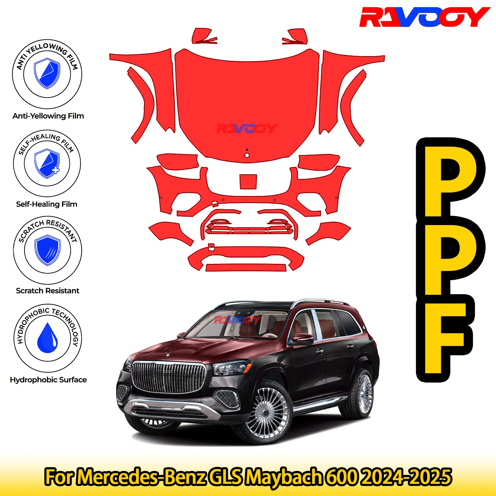 

For Mercedes-Benz GLS Maybach 600 2024-2025 Glossy Matte Black Precut front PPF Kit Paint Protection Film