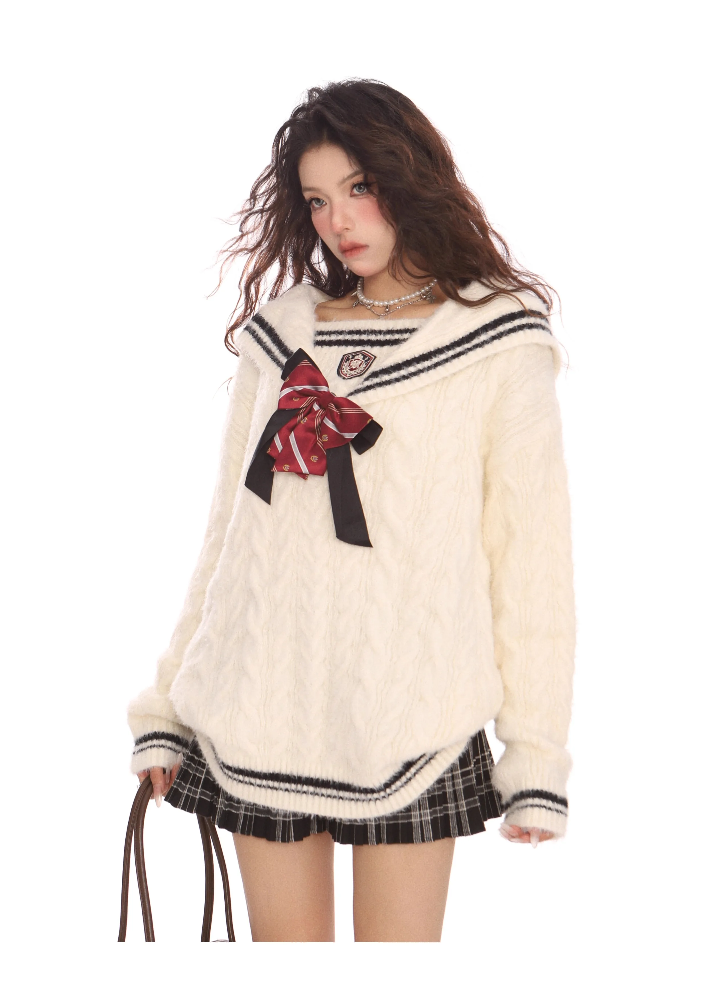 秋冬新作ホットセールカレッジスタイルレディースルーズカジュアルボウネイビーカラーオフホワイトブルーストライプニットセーター