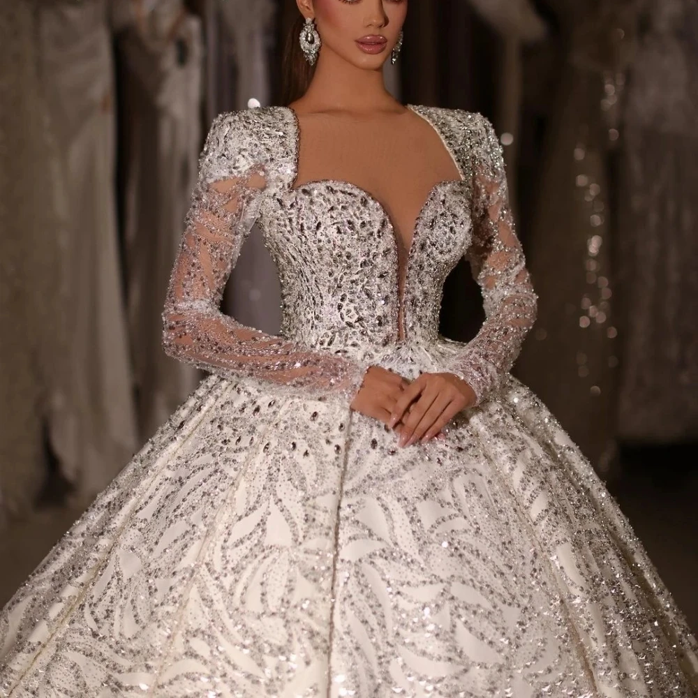 Impressionante querida pescoço vestidos de casamento cristais miçangas vestido para noiva brilhante até o chão vestido de noiva novia