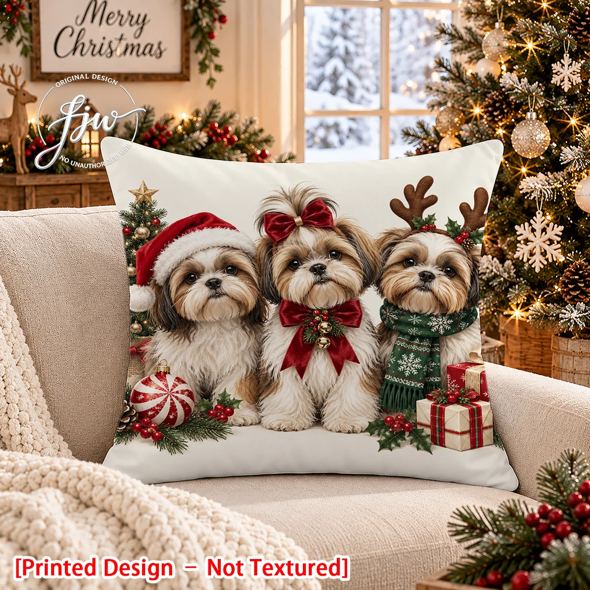 1pc Christmas Style Shih Tzu Pillowcase Home Cushion Cover, Using Flat 2D Printing Process, a Light-toned Decorative Pillowcase