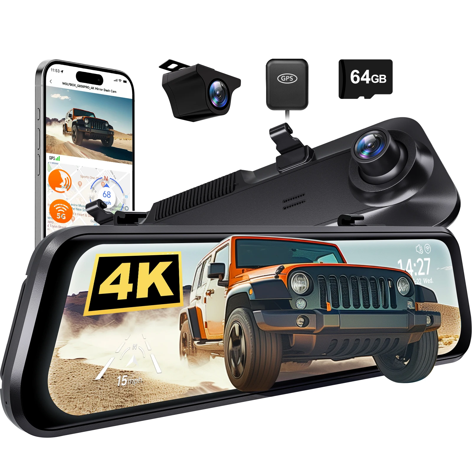 WOLFBOX G850 PRO 4K WIFI Spiegel Dash Cam met ADAS en BSD 5.8GHz WiFi Spraakbesturing Auto DVR Achteruitkijkspiegel 12inch
