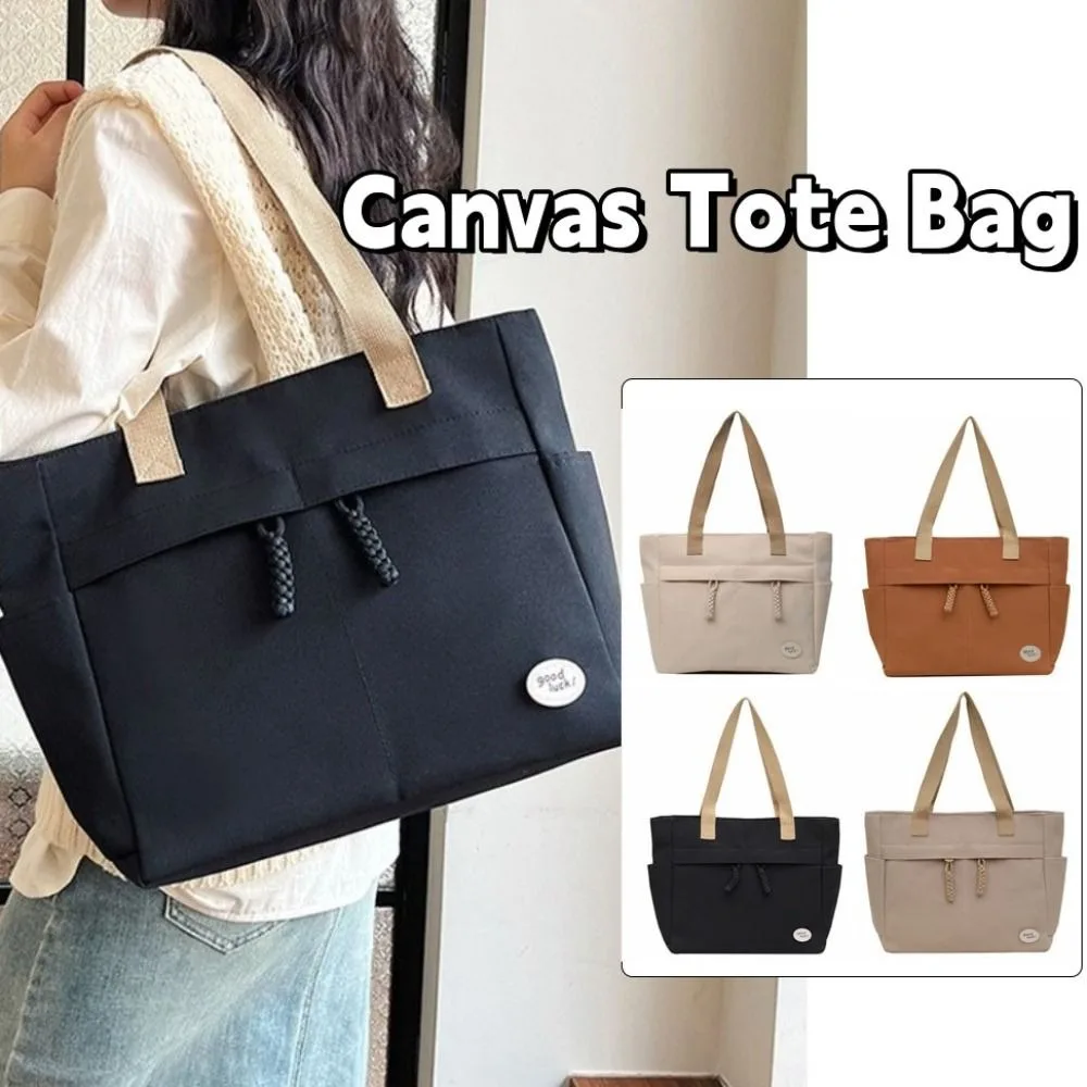 

Portable Solid Color Canvas Tote Bag Multi Pocket Japanese Style Simple Handbag Large Capacity Shoulder Bag Girl
