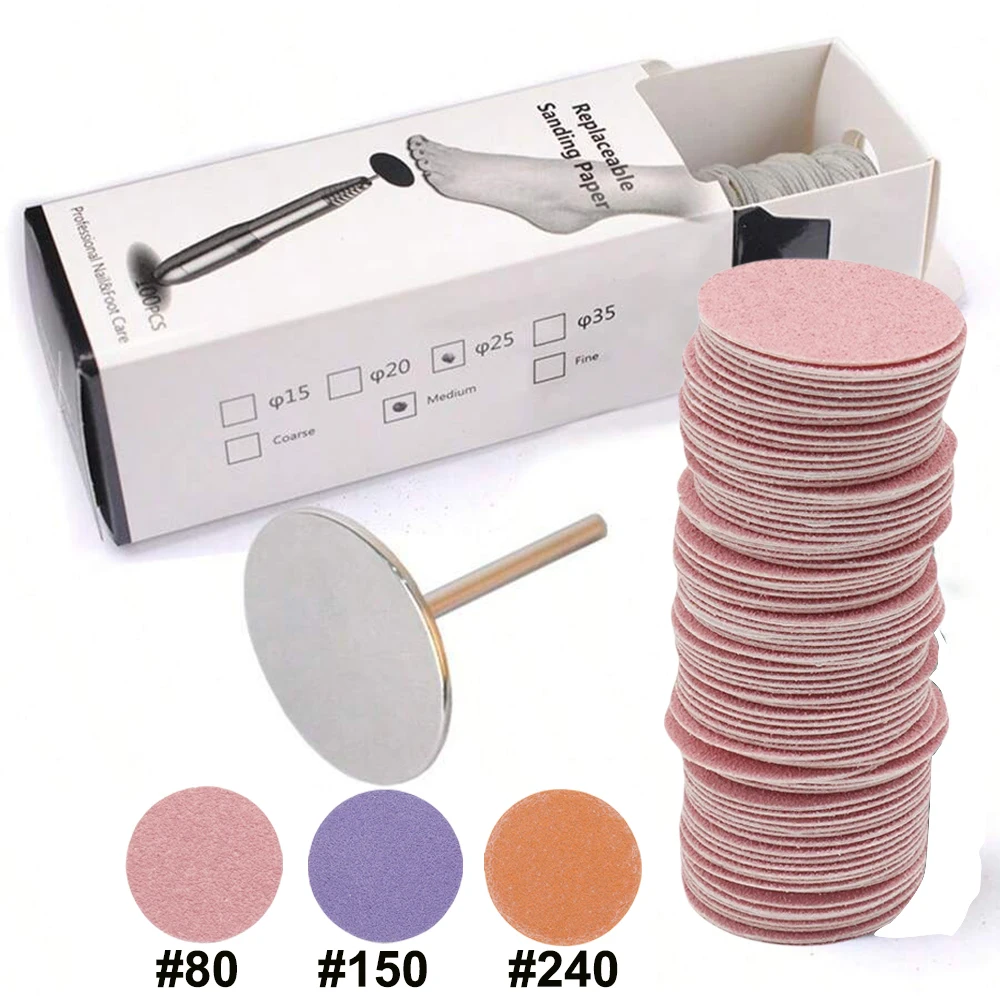 100개/박스 컬러풀 25mm 샌딩 페이퍼 메탈 샤프트 발 각질 제거기 교체용 샌드페이퍼 디스크 80 #   150 #   240 #