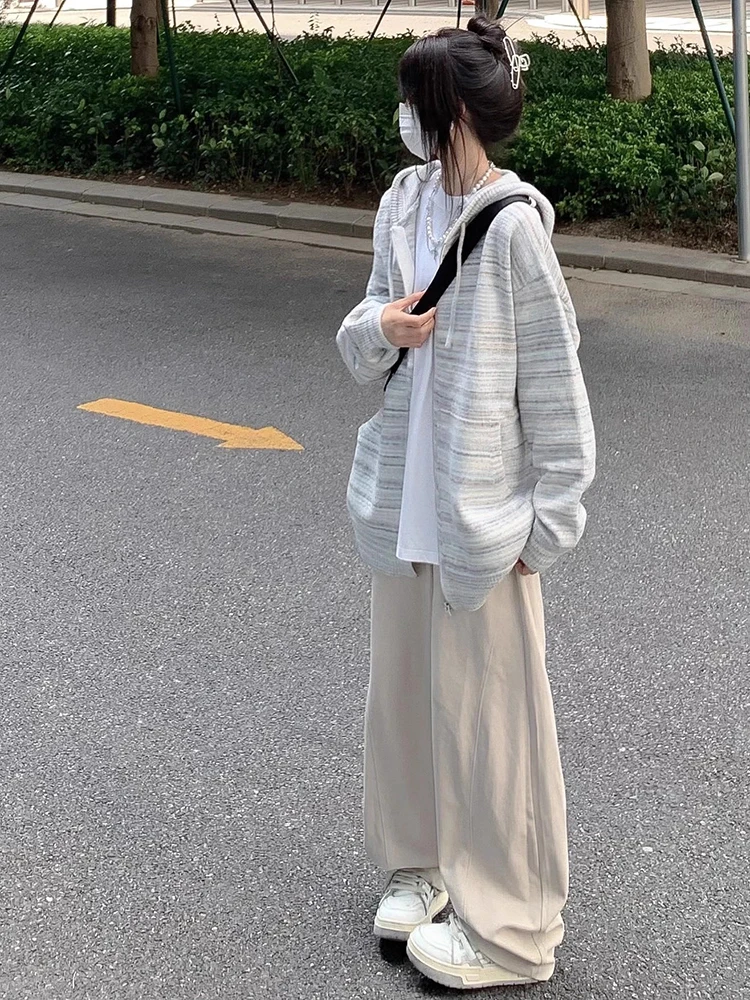 

Американский ретро-свитшот оверсайз с капюшоном и полосками, женский, на раннюю осень 2026, новинка, хит продаж, уличный стиль, свободный крой, вязаный свитер