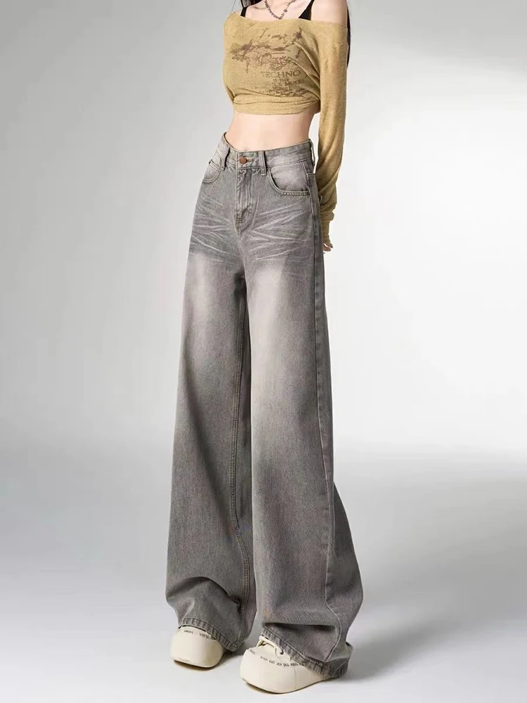 

Винтажные уличные джинсы в американском стиле, женские осенние новые потертые шикарные свободные тонкие прямые широкие брюки для мытья полов