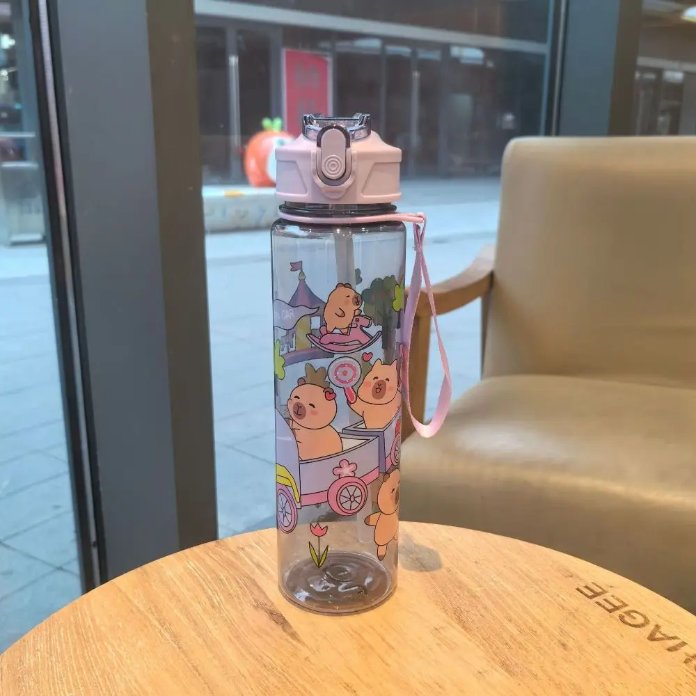 Botol Minum Capybara 500ml, Cangkir Plastik Transparan Kartun Lucu dengan Tali Selempang, Botol Minum Capybara dengan Sedotan untuk Jus