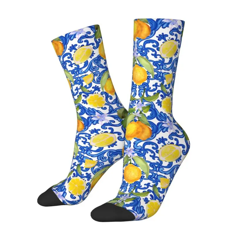 Custom Mediterranean Sicilian Blue Tiles Lemons Dress Socks Mens Womens Warm Fashion Crew Socks