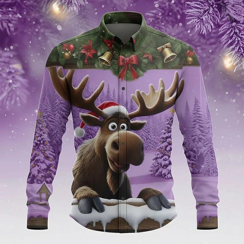 Abstract Cartoon Elk Graphic Men's Shirts Christmas Theme Creative Design Long Sleeve Shirt Autumn Winter Outdoor Casual Clothes