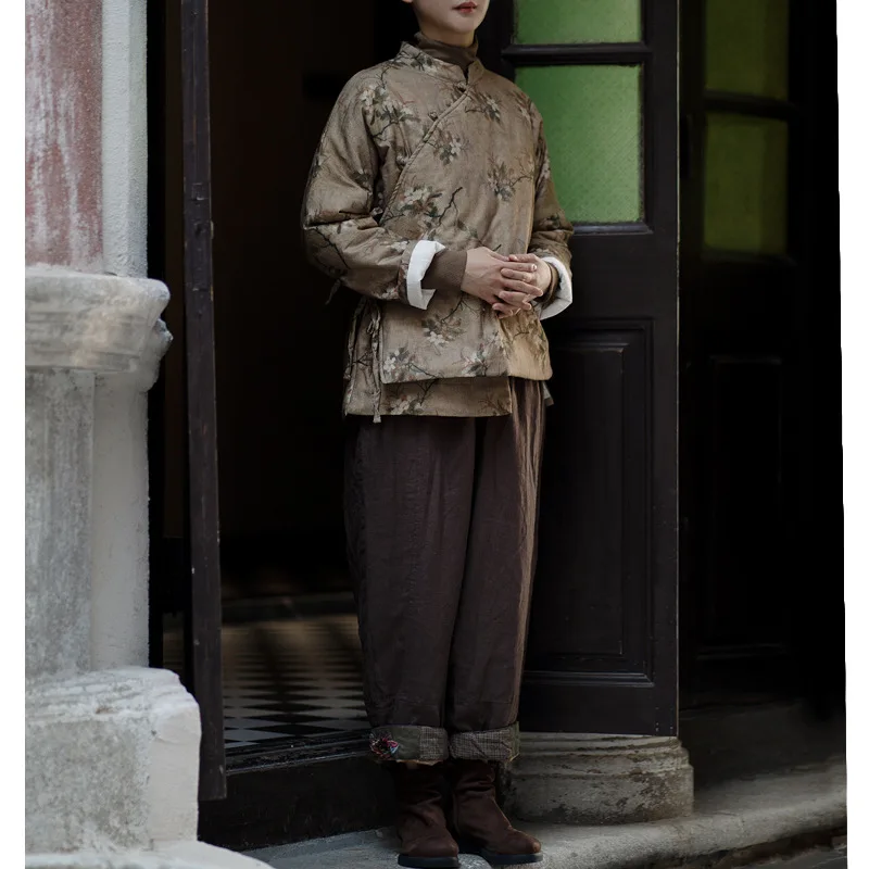 Elegant Vintage Winter Jacket Outerwears 2024 Women Quilted Warm Coat Femme Linen Cotton Casual  Long Sleeve Chinese Style Coats