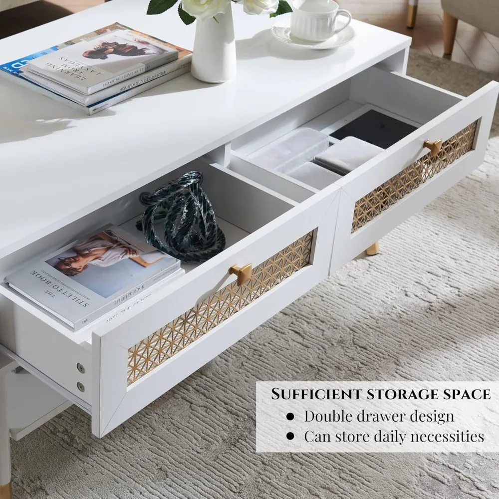 JYED Rectangle Mid Century Modern Coffee Table, Coffee Table with Storage Drawers and Open Shelf, White Wood Coffee Table for Li