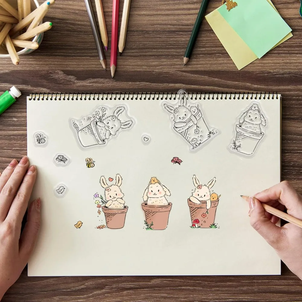 Doniczka dla zwierząt Przezroczysty stempel Roślina doniczkowa Przezroczysty silikonowy stempel Króliki Jeż Kot Myszy Gumowy stempel do notatnika Dziennik — zdjęcie 3