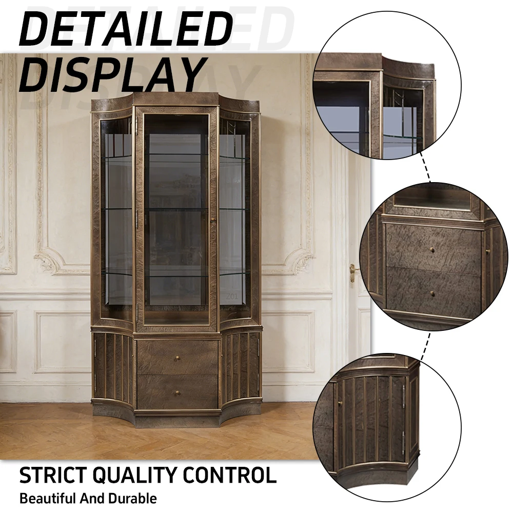 Luxurious  Antique Classic Living Room Furniture Wine Cabinet Storage Custom Glass Doors Wood Veneer Wine Home Bar Cabinet