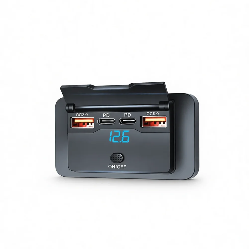 Advanced USB Charger For Bus RV Cabin Dashboard Quad Port Fast Charging Device With Voltage Monitor And Safety Switch
