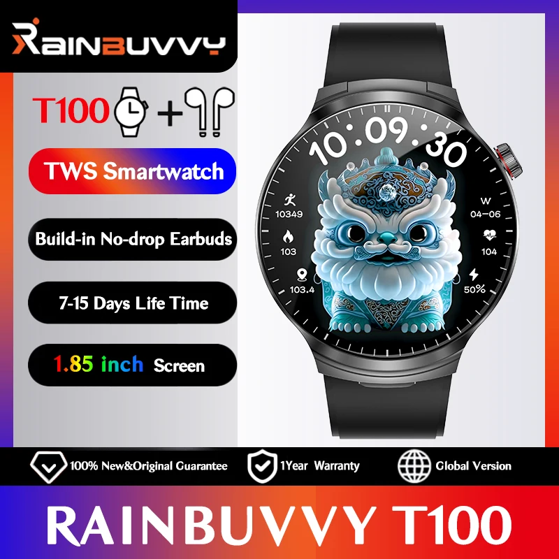 

Rainbuvvy T100 TWS Встроенные наушники-вкладыши Часы 1,85-дюймовый экран с беспроводными наушниками Bluetooth Вызов Тест сердечного ритма Смарт-часы