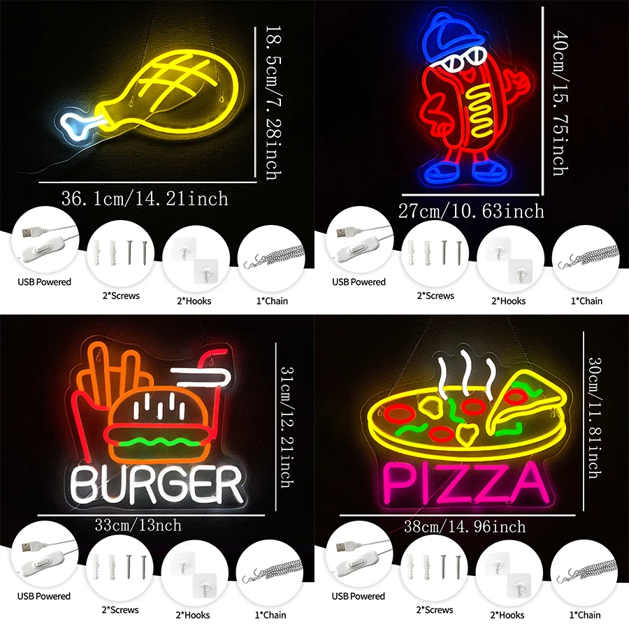 Fast Food Led Neon Sign, Light Up Delicious Food Icon, Unique Business Fast Food Restaurant, Restaurant And Kitchen Decor.