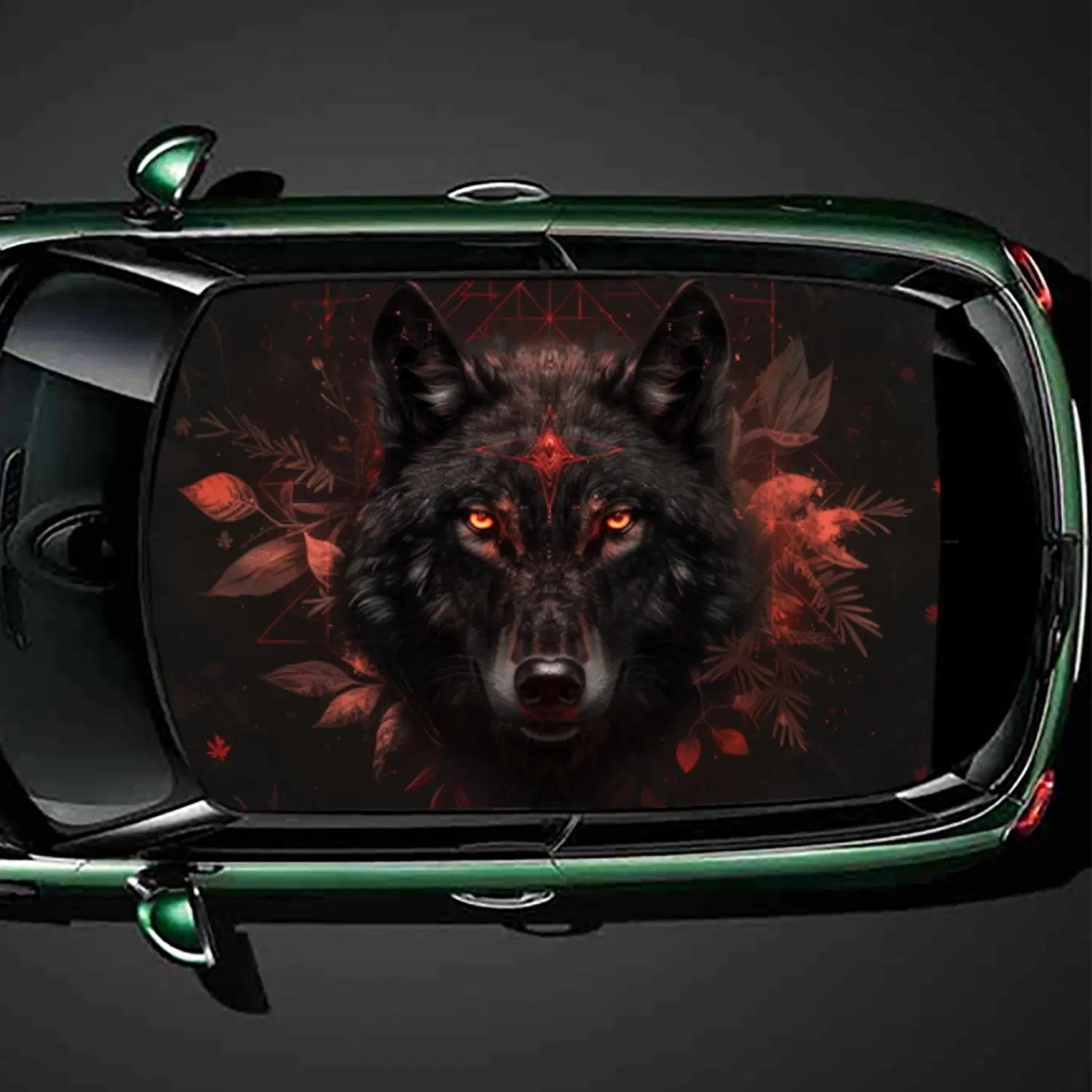 

Dark Wolf Head PVC Car Roof Vinyl Wrap, Self-Adhesive Waterproof Automotive Sticker, Anti-Scratch Decorative Film for Sedan/SUV/