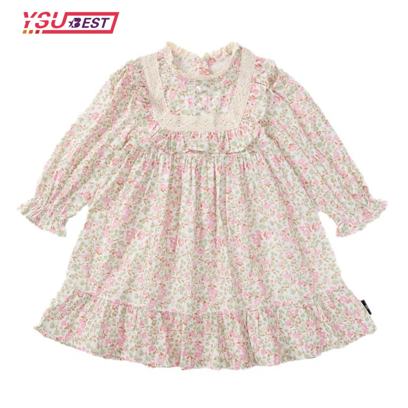 

Spring 1-7Yrs Girls' Dress Floral Party Princess Dress Autumn Children's Baby Kids Girls Clothing Lace Collar Bubble Baby Dress