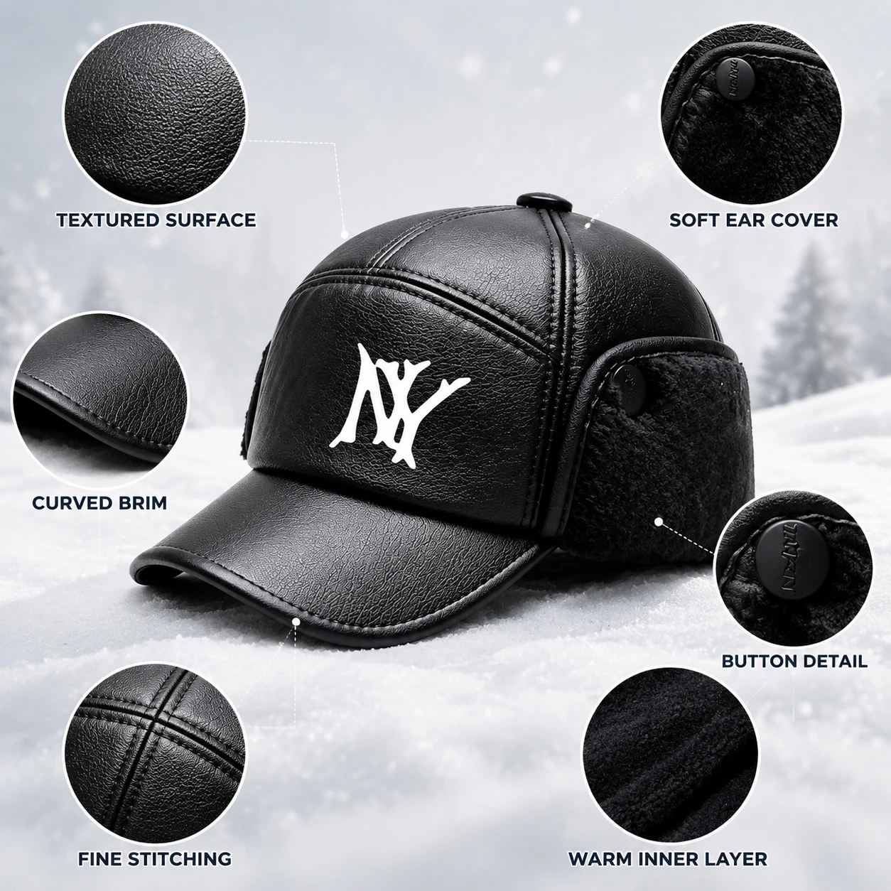 หมวกแก๊ปหนังเทียมสีดำสำหรับผู้ - Trapper Hat Ear Flap บทวิจารณ์และราคา