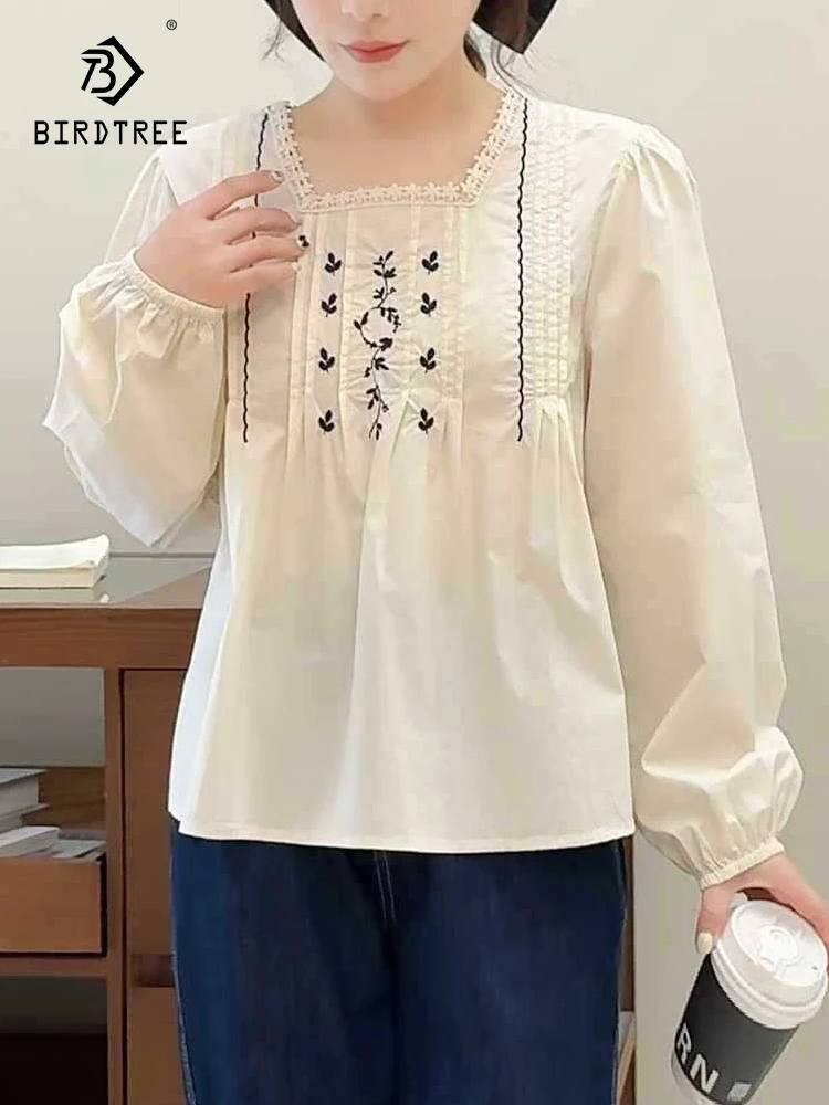 

Новая женская хлопковая рубашка с длинным рукавом, весна 2026, с квадратным воротником и вышивкой, в стиле Mori Girl, винтажная, в японском стиле, свободная блузка T62517CC