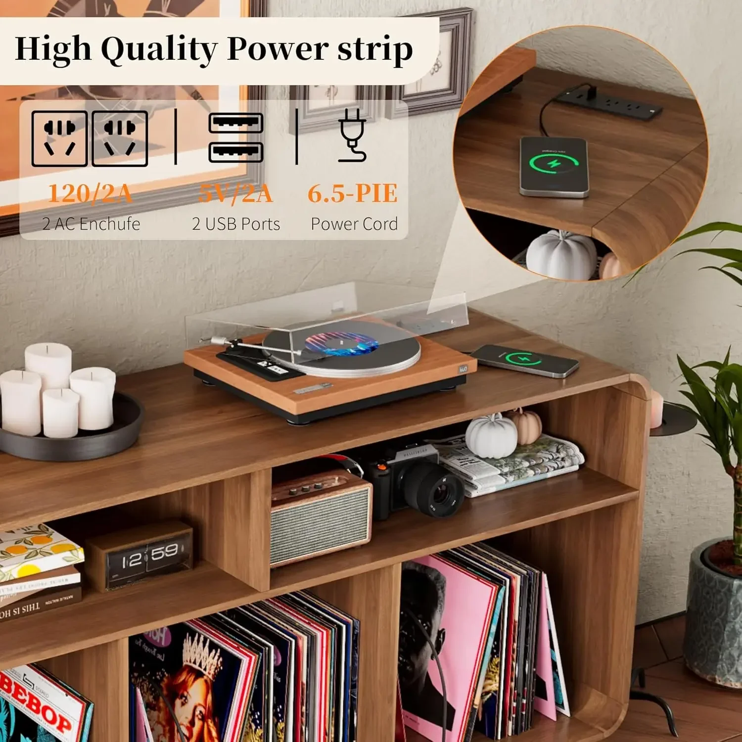 Record Player Stand with Vinyl Storage Cabinet with Charging Station & USB Ports, Turntable Stand Table Holds Up to 350 Albums,