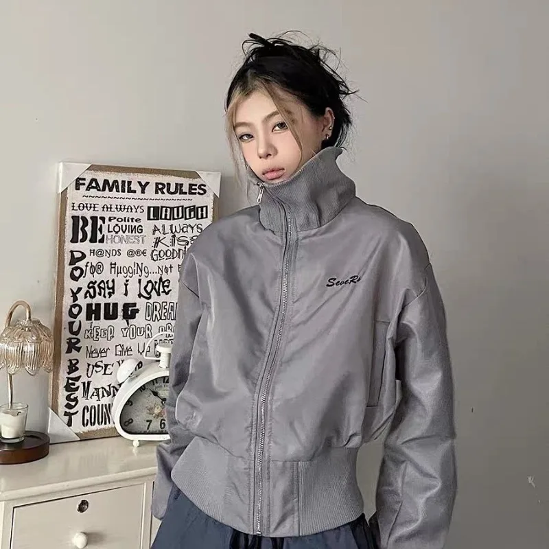 Deeptown Vintage Grey Short Jacket Women Harajuku Japanese Y2k Oversized Bomber Crop Jackets Streetwear Korean Fashion Aesthetic