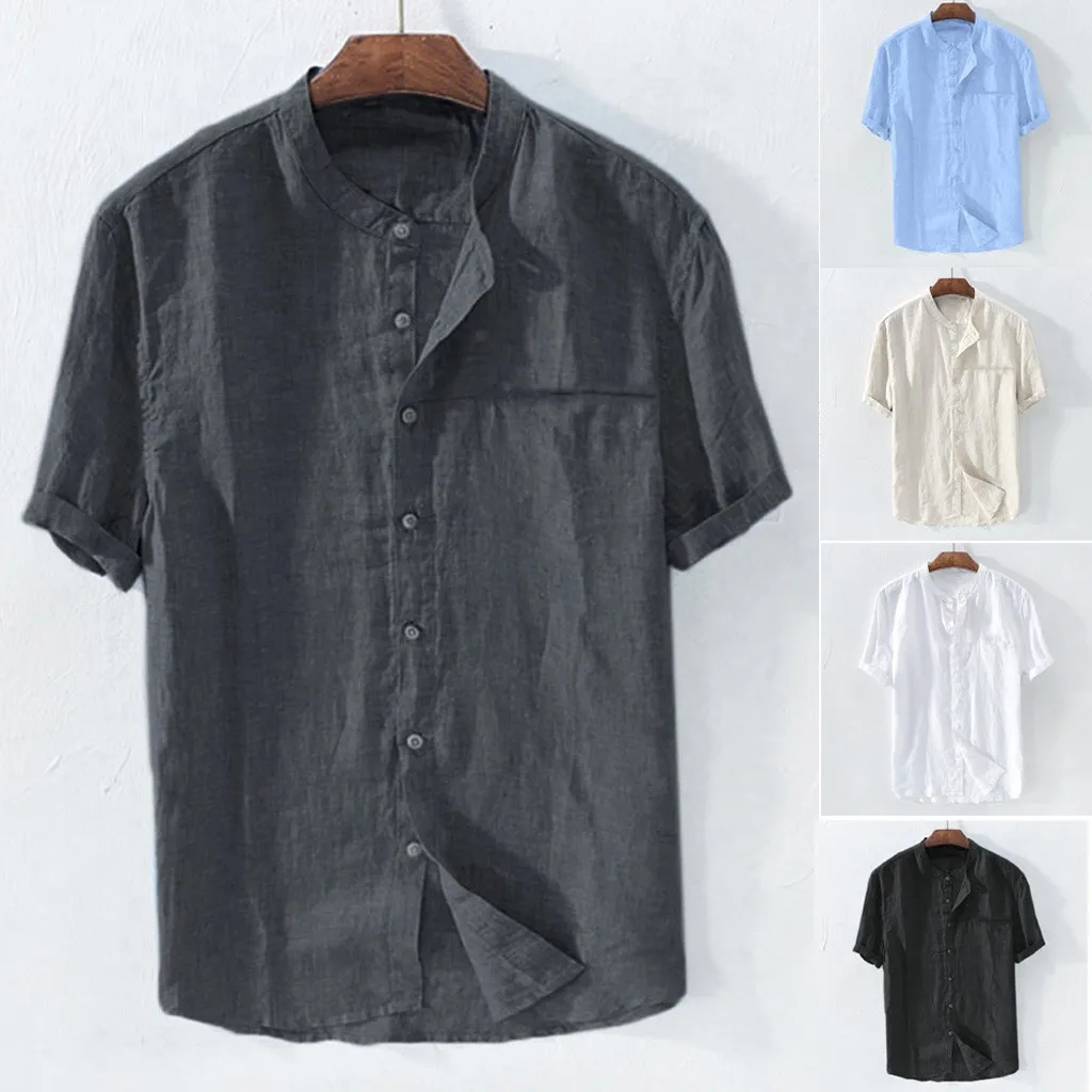 Blusa informal de lino y algodón para hombre, camisa holgada de manga corta, de uso diario, para verano, novedad de 2024