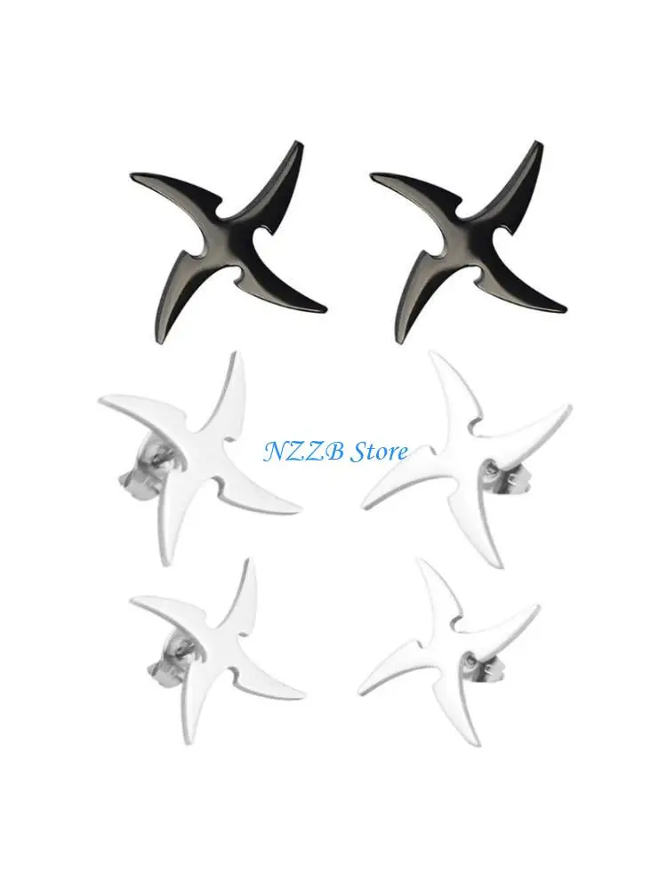 

T21F 2x Stainless Steel Windmill Earrings Trendy Student Piercing Delicate Jewelry Women Men Unisex