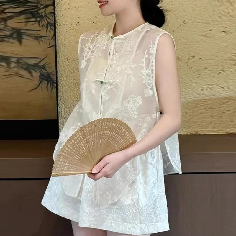 

2 Pieces Sets , Summer Chinese Style Vintage Women Loose Sleeveless Embroidery Top Shirt Wide Leg Shorts Set