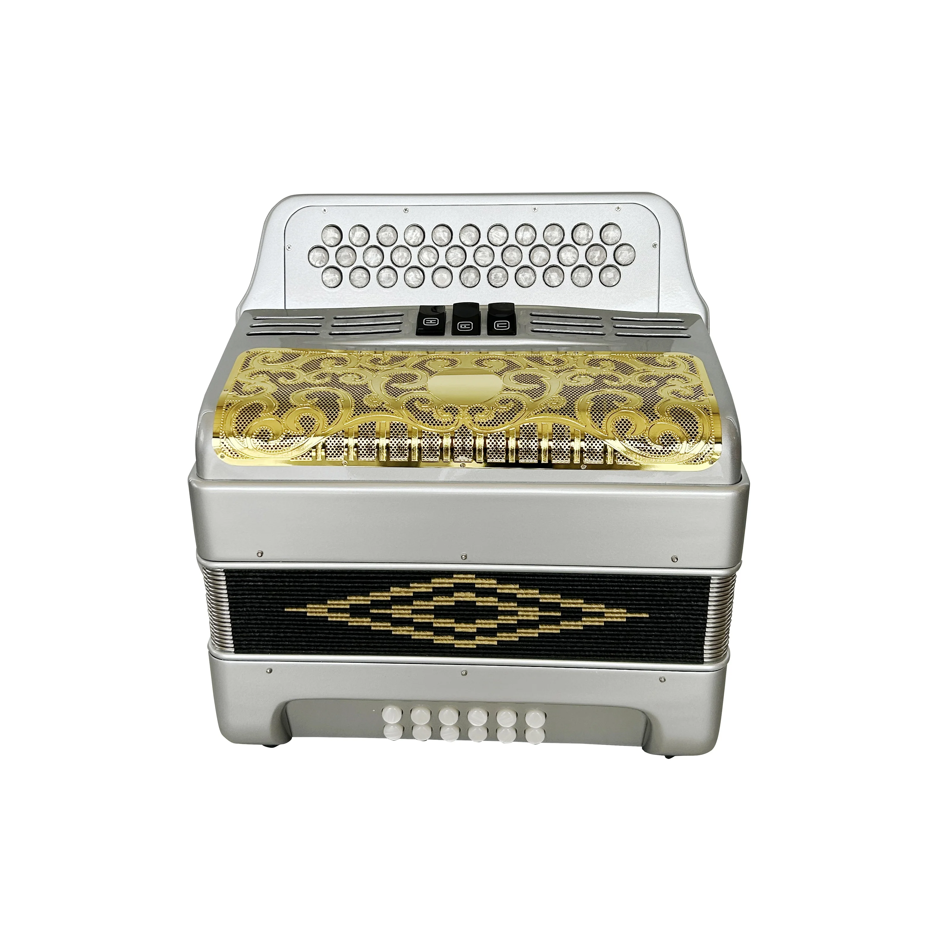Professional Diatonic Accordion 34-Button 12-Bass 3-Register Silver Gold Grill White Buttons JB3412C Musical Instrument