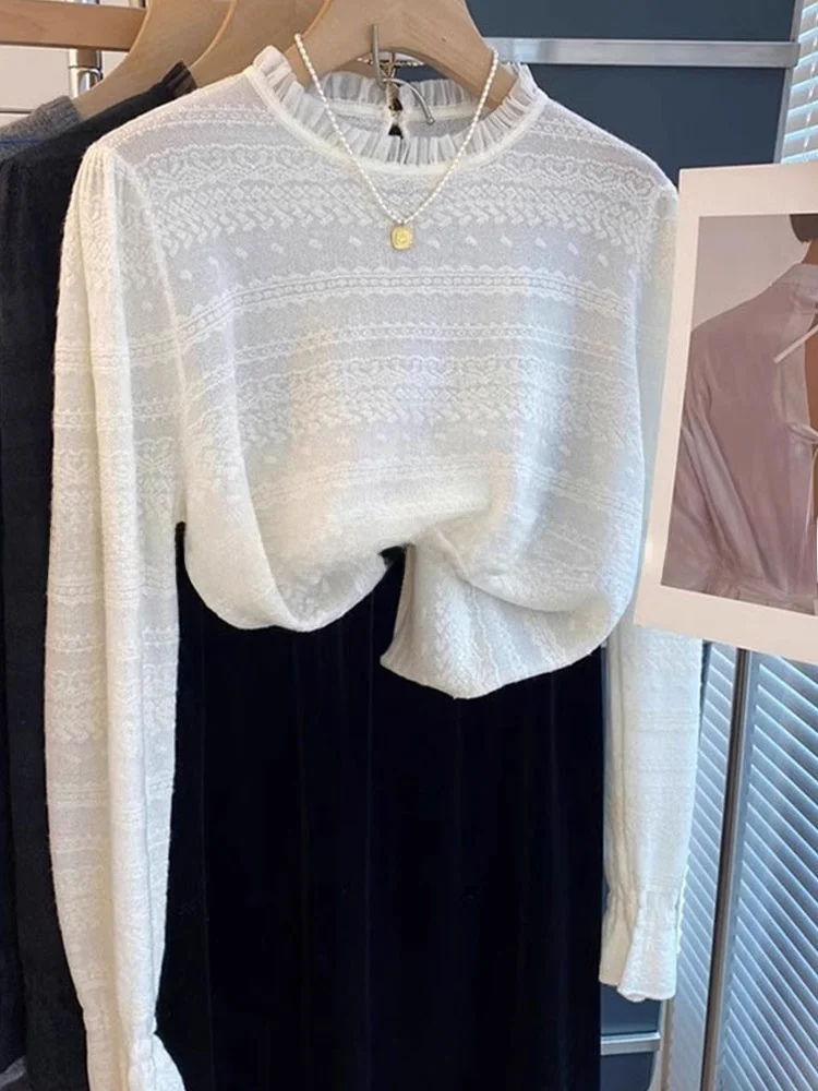 

Casual Comfortable Long Sve Lace Knitted Top Women's Faion Autumn Wear Regular Fit Soft Medium Thin Hand Hooked