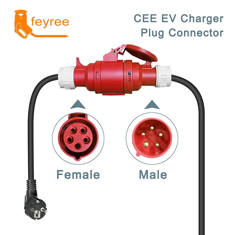 feyree EV Charger Schuko Plug to CEE Red Power Female Plug 5 Pins Socket Adapter Connect with 16A 3 Phase 11KW Portable Charger