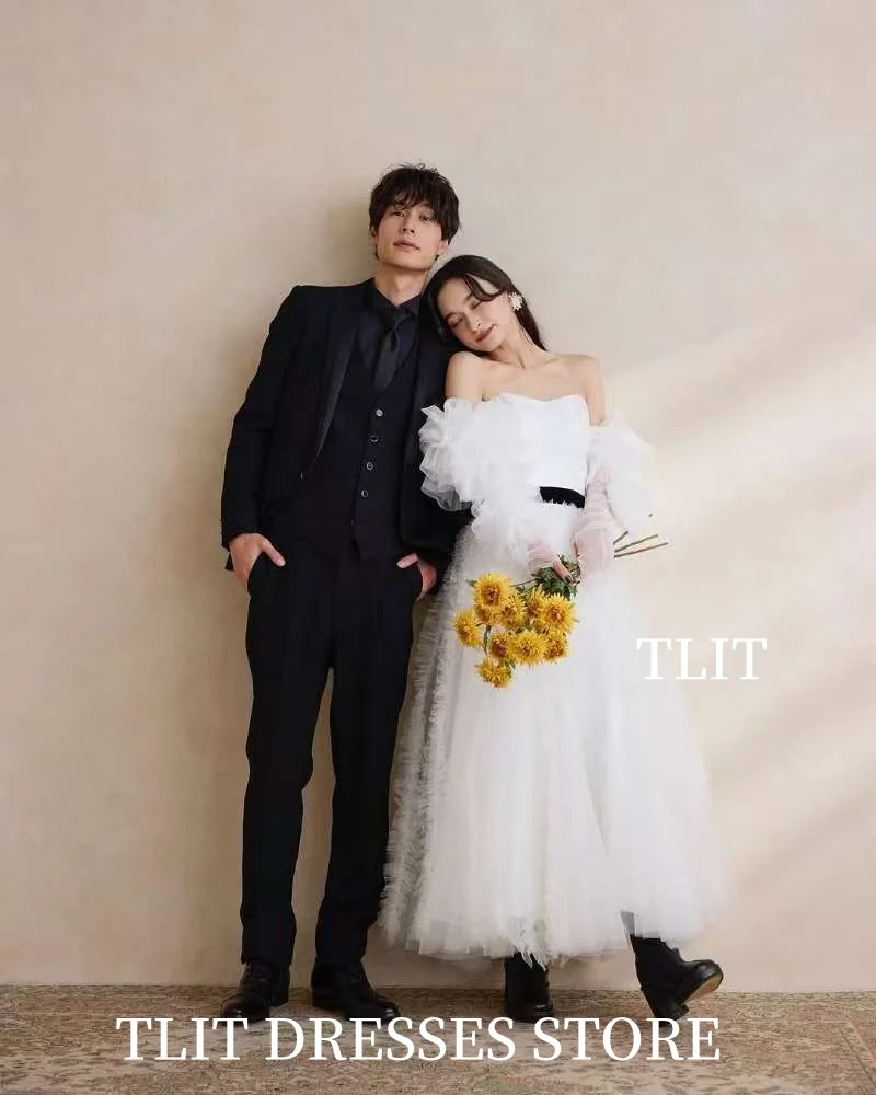 TLIT Elegant White A-Line Wedding Dresses Strapless Bridal Gowns Robe De Mariée customized Corset Back Black Sashes Prom Gowns