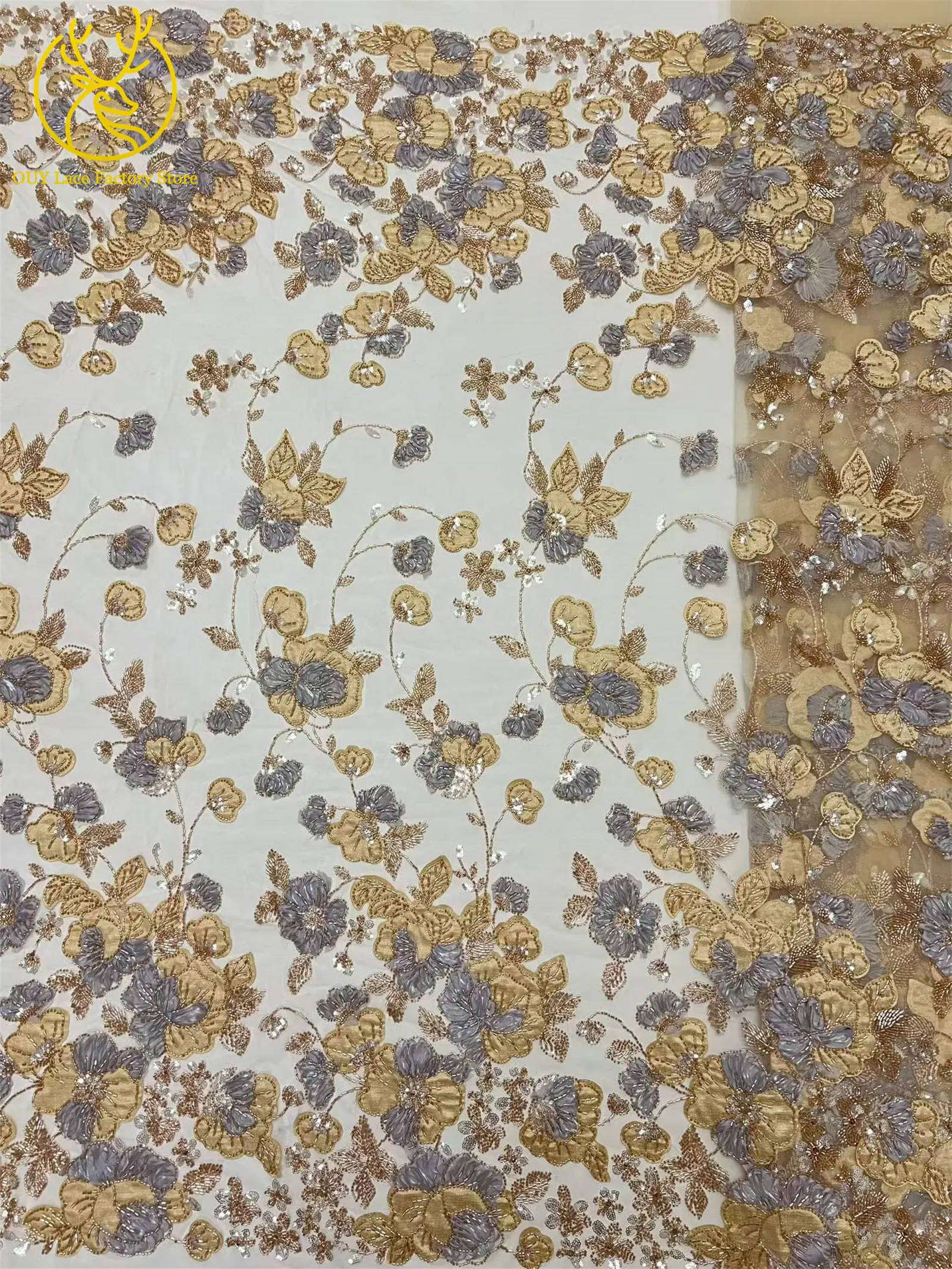 Afrikanischer Bräutigam Stickerei-Spitzenstoff mit Schwerer Perlenbestickung Hochwertiger Französischer Pailletten-Tüllspitzenstoff Nigerianisches Brautkleid Nähzubehör – Detail 9