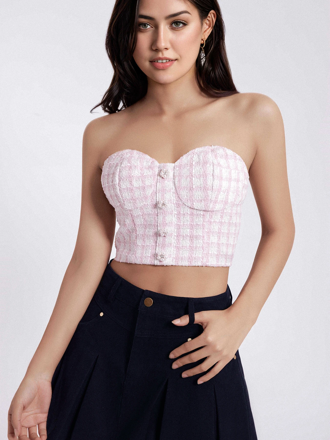 Women Sexy Corsets Tank Top Light Pink Lattice Buttons Body Underbust Casual Bustier Ladies Y2K Crop Tops Strapless Tanks Short