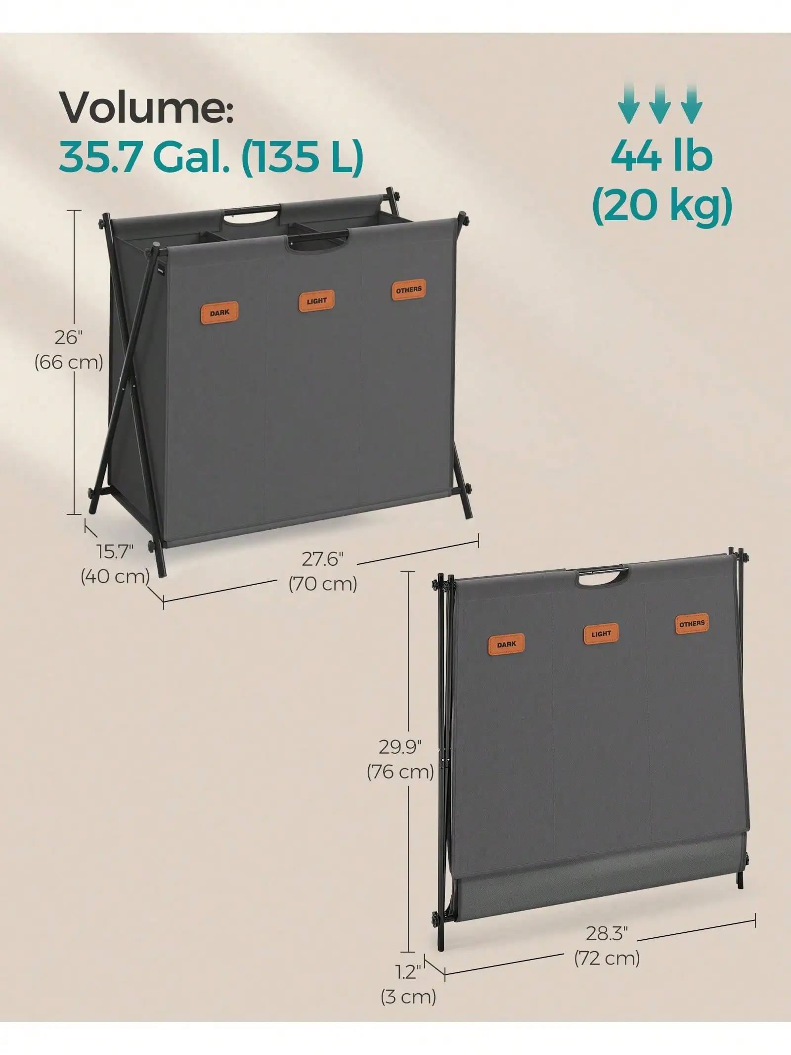 SONGMICS Laundry Hamper, Laundry Basket, 35.7 Gal. Laundry Sorter 3 Sections, Collapsible X-Frame, Clothes Organizer With Cus