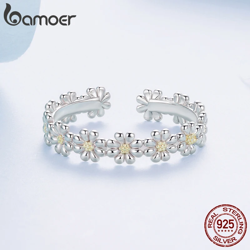 

Bamoer 925 Sterling Silver Daisy Jewelry Set Yellow Flower Open Ring Plant Hoop Huggies Earrings for Women Teen Young Party Gift
