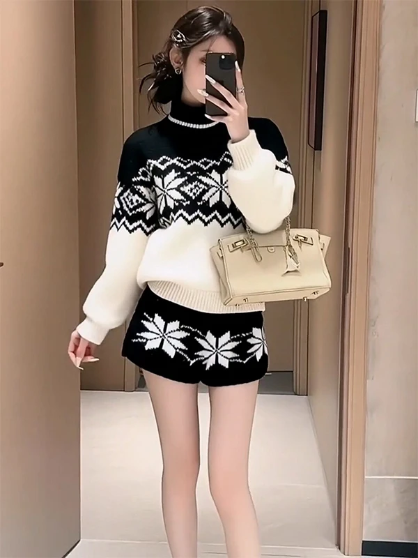 

Faionable Autumn Winter Women's High Ne Knitted Sweater And ort Pants Two-Piece Set Floral Patterned Ele Bla Ense...