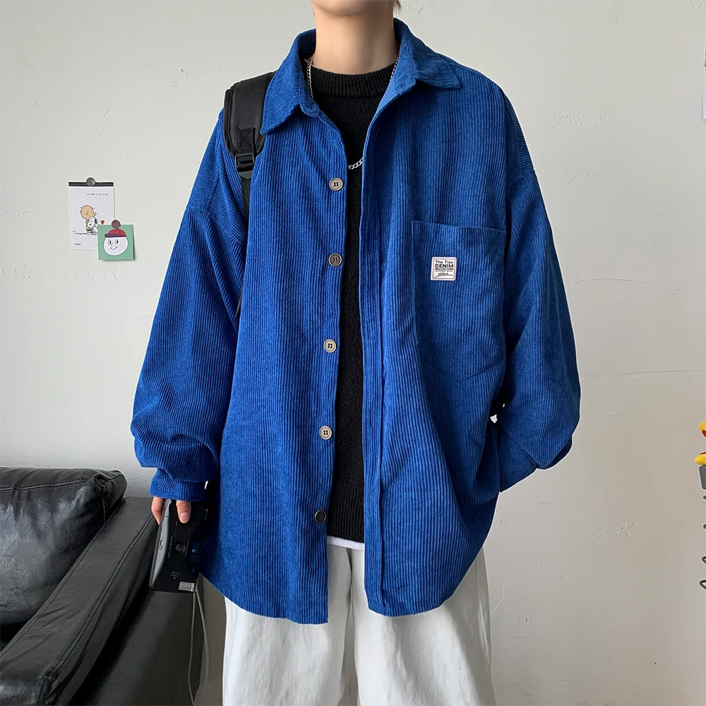 Corduroy Shirts For Men Long Sleeve Black Shirt Spring Summer Korean Streetwear Clothes Unisex Fashion Casual Oversize Shirt