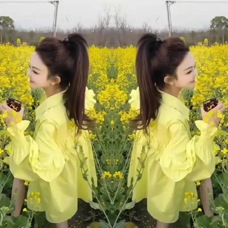 

2025 Spring New Women's Sweet Top French Age-reducing Ladies Style Joker Female Lotus Leaf polo Collar Lantern Sleeve Shirt