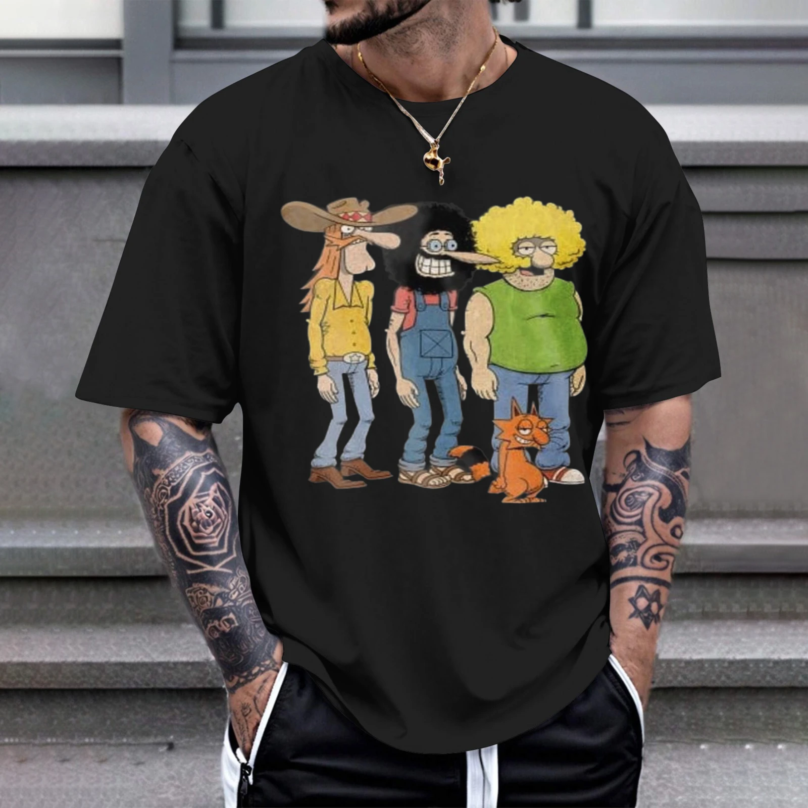 Herren-T-Shirt mit Cartoon-Figuren, Standardgröße, mit Hundemotiv, perfekt für Freizeitkleidung, Partys und Karneval-Outfits.