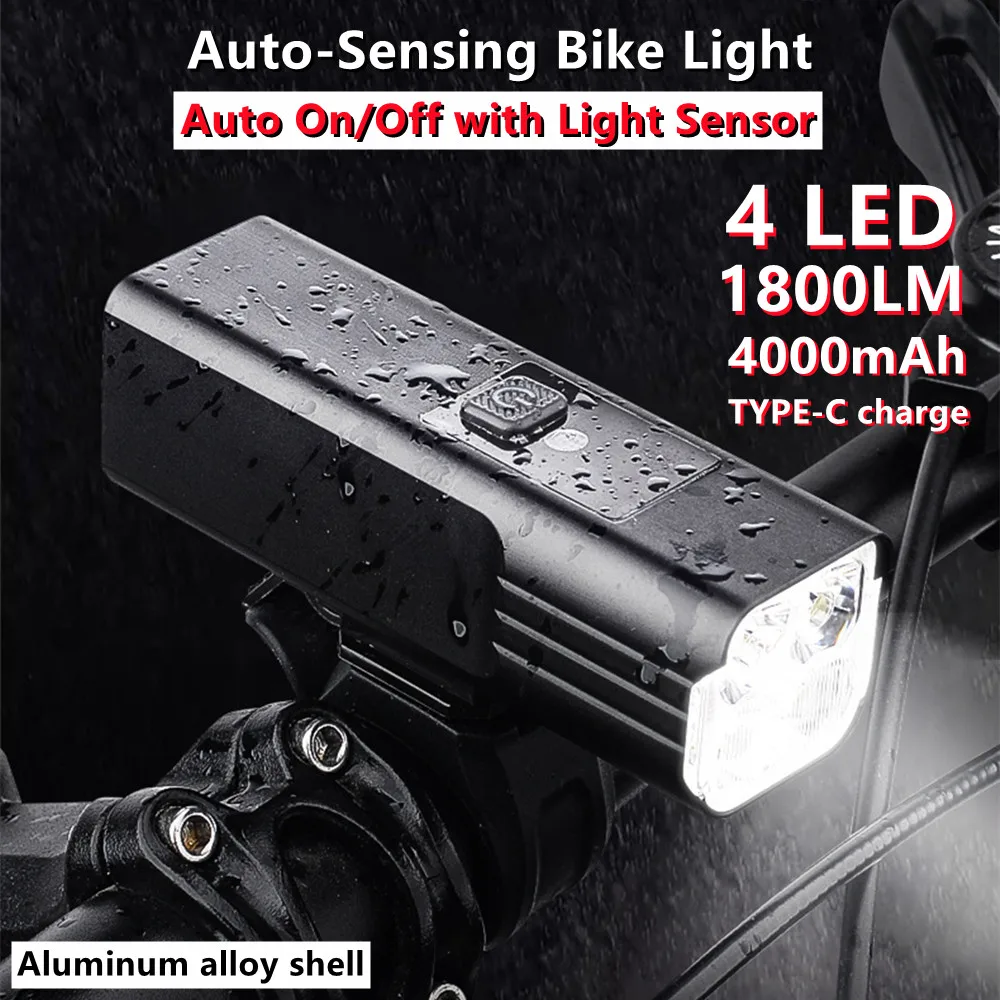 

Bicycle Light 1800LM Bike Headlight Smart Sensor 4 LED Flashlight Type-c Rechargeable MTB Road Cycling Lamp Waterproof 4000mAh