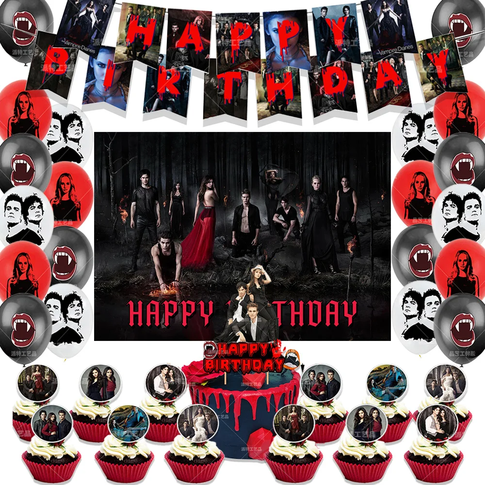 Дневники вампира, тематические принадлежности для дня рождения, украшения, баннер с вампировскими шарами, фоны, топперы для торта, детский подарок