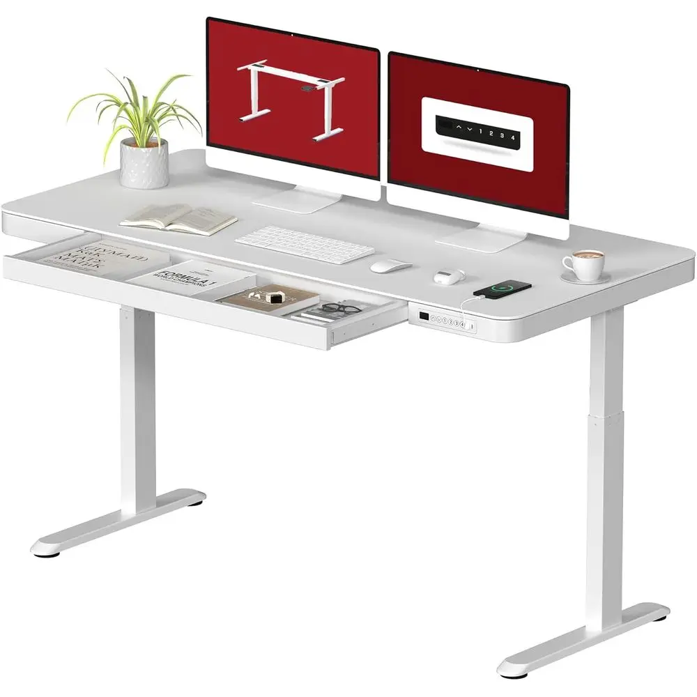 

Electric Adjustable Standing Desk, White Wood Top with Storage and USB Ports, 55 for Home Office