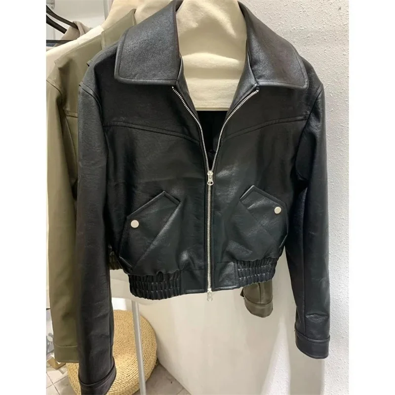 Female Short Leather Outwear Spring Autumn Lady Fashion Zipper Faux Leather Tops Korean Women Flip Collar PU Leather Coat