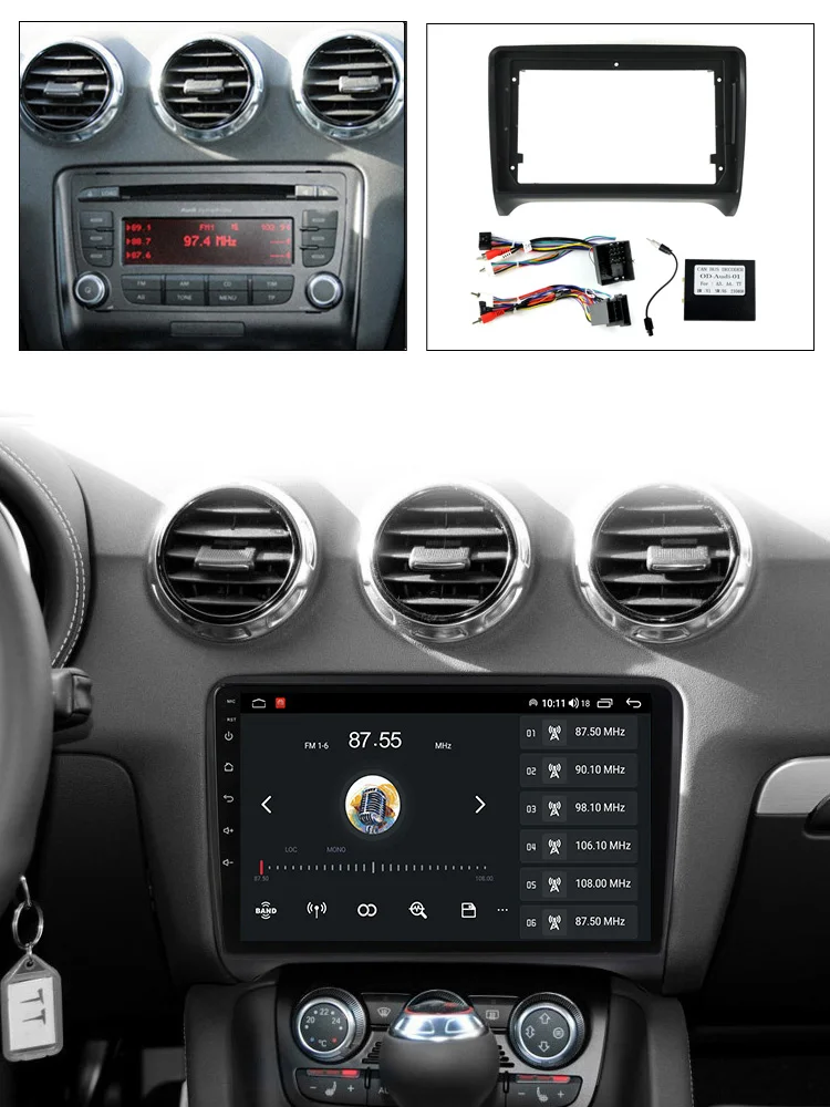 For Audi TT 2006 2007-2012 9-inch Car Radio Bezel Frame Dashboard Mounting Panel Frame Cable Canbus Protocol Box Complete Set